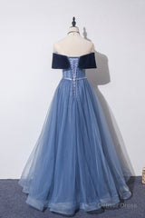 Blue Velvet Tulle Long A-Line Prom Dress, Off the Shoulder Evening Dress