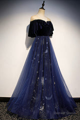 Blue Velvet Tulle Long Prom Dress, A-Line Blue Evening Party Dress