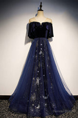 Blue Velvet Tulle Long Prom Dress, A-Line Blue Evening Party Dress