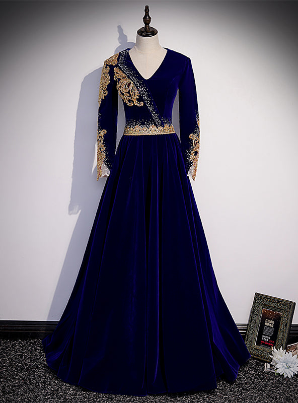 Blue Velvet V-neck Long Sleeve Gold Beading Prom Dress