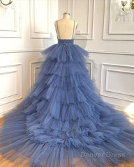 Blue V Neck Tiered Sleeveless Tulle Prom Dress, Gorgeous Long Party Dress