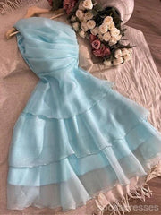 Elegant Blue A-line One Shoulder Mini Short Prom Homecoming Dresses