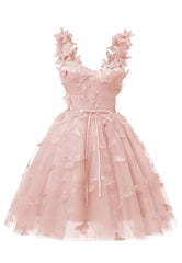 Blush Pink 3D Butterfly Blonder Applique Tulle Homecoming Dress til teenagere kæreste mini korte prom kjoler