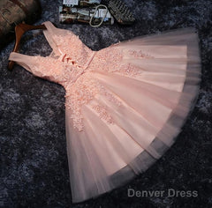 Blush Pink Lace Appliqued Tulle Homecoming Dresses,Formal Dress