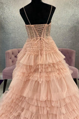 Blozende roze tule ruche lagen veter achter a-line prom jurk