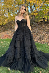 Blozende roze tule ruche lagen veter achter a-line prom jurk