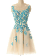 Boat Neck Champagne Tulle Prom Party Dresses with Blue Lace