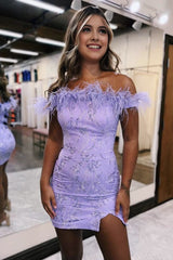 Bodycon Charming Lilac Off The Shoulder Homecoming Dresses With Feather