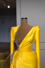 Bright Yellow V-neck Metallic Sequin Long sleeves Prom Dresses