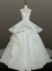 Brilliant White Ball Gown Lace Backless Wedding Dress With Train