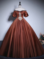 Brown Satin Off the Shoulder Short Sleeve Quinceanera Dresses