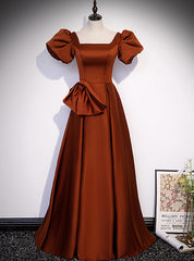 Brown Satin Square Puff Sleeve Bow Prom Dresses