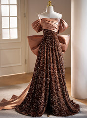 Brown Sequins Satin Pleats Prom Dresses With Bow