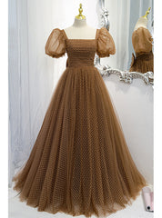 Brown Wave Point Tulle Puff Sleeve Prom Dresses