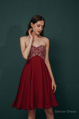 A-line Embroidery Chiffon Short Strapless Corset Back Beaded Homecoming Dresses