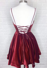 Burgundy V-Neck Velvet Short Prom Dresses, A-Line Party Dresses