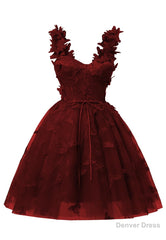 Burgundy 3D Butterfly Lace Applique Tulle Homecoming Dress for Teens Sweetheart Mini Short Prom Dresses