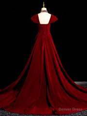 Burgundy A Line Beaded Velvet Long Prom Dress