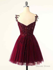 Burgundy A-Line Tulle Lace Short Prom Dress, Cute Burgundy Homecoming Dress