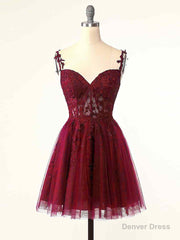 Burgundy A-Line Tulle Lace Short Prom Dress, Cute Burgundy Homecoming Dress