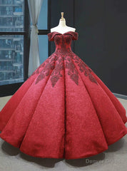 Burgundy Ball Gown Lace Off the Shoulder Appliques Beading Prom Dress