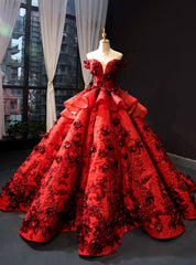 Burgundy Ball Gown Sequins Off the Shoulder 3D Flower Haute Couture Prom Dresses