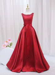 Burgundy Bateau Satin Beading Prom Dresses