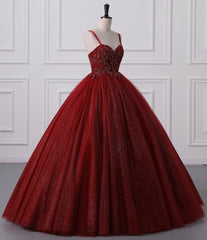 Burgundy Bling Tulle Ball gowns Long Prom Dresses with Embroidered Sequins