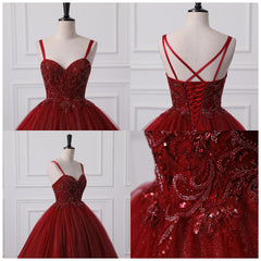 Burgundy Bling Tulle Ball gowns Long Prom Dresses with Embroidered Sequins