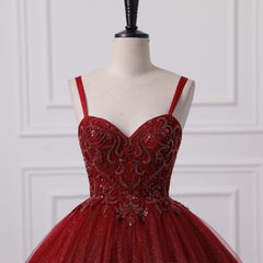 Burgundy Bling Tulle Ball gowns Long Prom Dresses with Embroidered Sequins