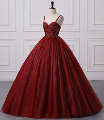 Burgundy Bling Tulle Ball gowns Long Prom Dresses with Embroidered Sequins