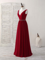 Burgundy Chiffon V Neck Beads Long Prom Dresses Burgundy Evening Dresses