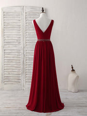 Burgundy Chiffon V Neck Beads Long Prom Dresses Burgundy Evening Dresses