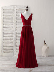 Burgundy Chiffon V Neck Beads Long Prom Dresses Burgundy Evening Dresses