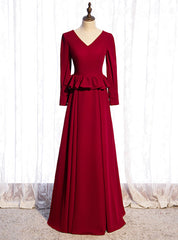 Burgundy Deep V-neck Long Sleeve Prom Dresses