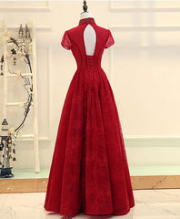 Burgundy High Low Lace Long Prom Dresses, Burgundy Evening Dresses