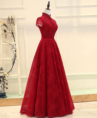 Burgundy High Low Lace Long Prom Dresses, Burgundy Evening Dresses