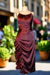 Burgundy Homecoming Dresses Vintage Backless Ruffle Asymmetrical Midi Length Party Dress