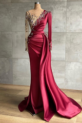 Burgundy Long Sleeves Mermaid Prom Dresses With Beadings