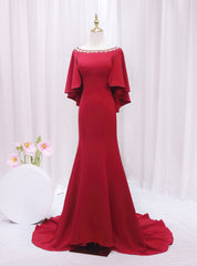 Burgundy Mermaid Bateau Beading Prom Dresses