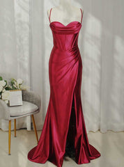 Burgundy Mermaid Satin Pleats Prom Dress