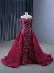 Burgundy Mermaid Tulle Off the Shoulder Pleats Prom Dresses