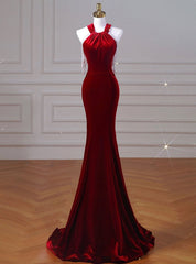 Burgundy Mermaid Velvet Halter Pearls Prom Dresses