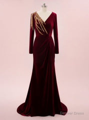 Burgundy Mermaid Velvet Long Sleeve Beading Prom Dress