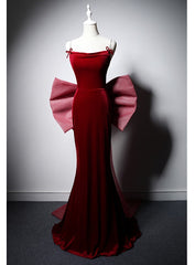 Burgundy Mermaid Velvet Straps Prom Dresses With Bow