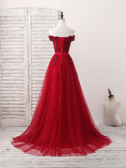 Burgundy Off Shoulder Tulle Lace Applique Long Prom Dress, Evening Dress