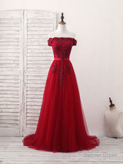 Burgundy Off Shoulder Tulle Lace Applique Long Prom Dress, Evening Dress