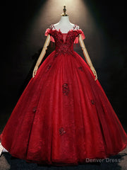 Burgundy Off Shoulder Tulle Lace Long Prom Dress, Burgundy Lace Sweet 16 Dress