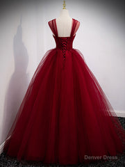 Burgundy Off Shoulder Tulle Long Prom Dress, Burgundy Formal Dress