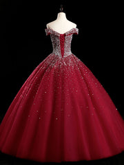 Burgundy Off Shoulder Tulle Sequin Long Prom Dresses, Burgundy Sweet 16 Dresses